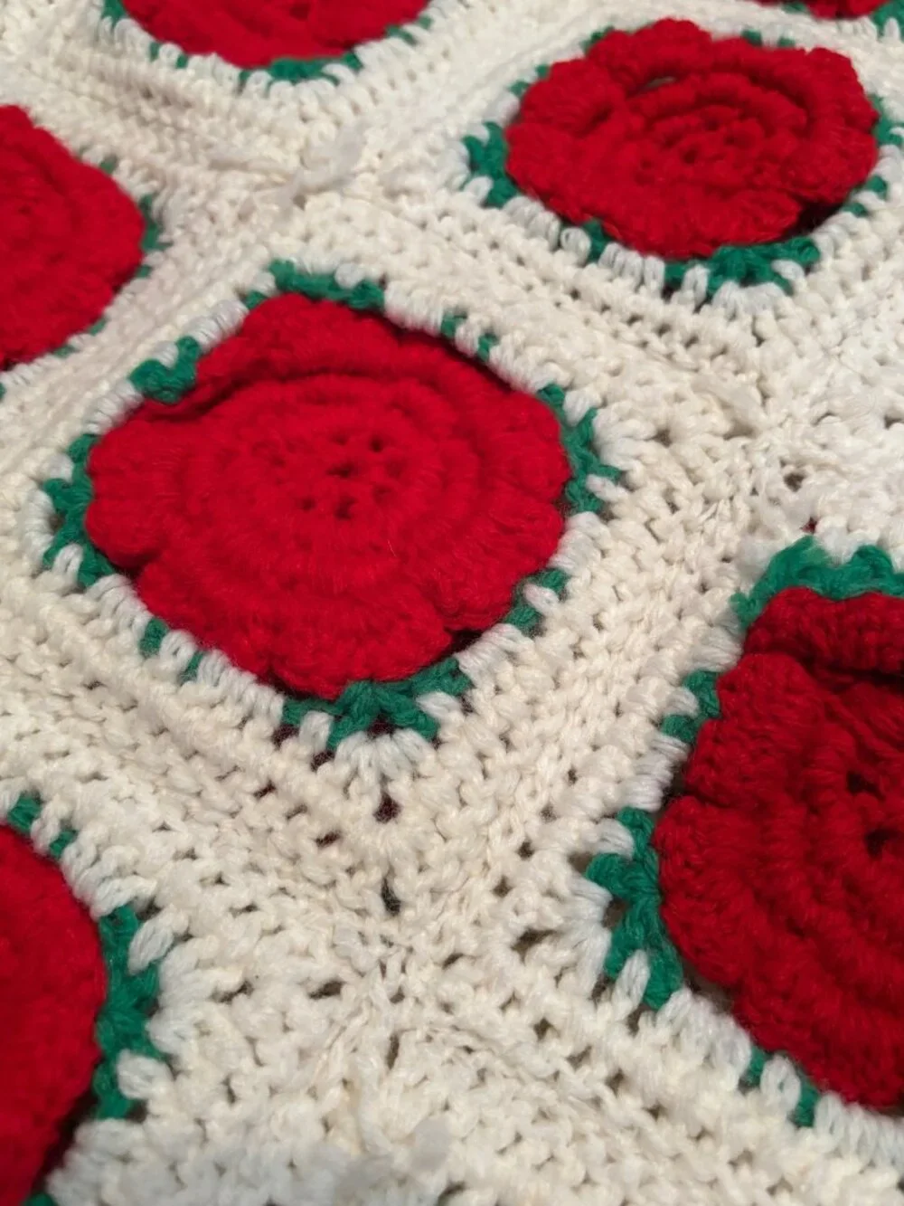 Handmade Crochet Blanket With Red 3D Rose Motif And White Background 42